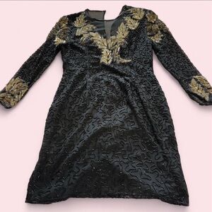 Black Beaded Cocktail Dress with Gold Sequin Accents